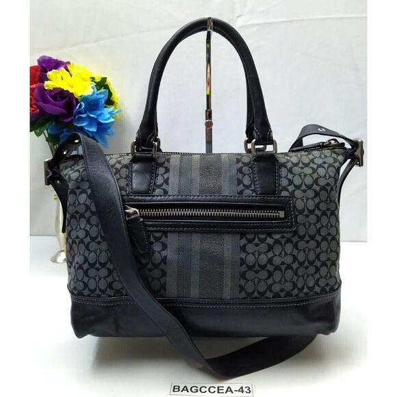 Coach Molly Signature Black Canvas Stripes Top Handles Zipper Satchel Bag - Picture 2 of 14